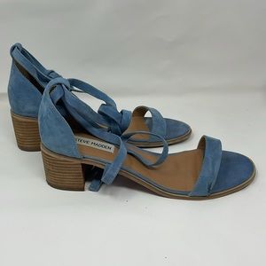 Steve Madden tie strap sandal with 2” block heel light blue